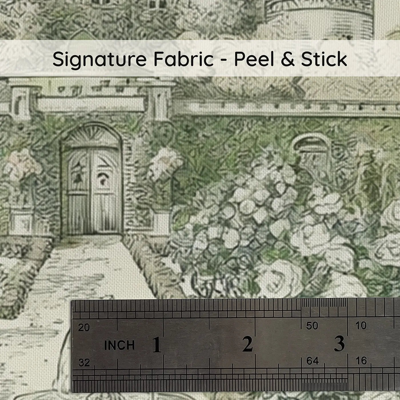 Fabric texture close-up of Castle Rose Garden Toile Wainscoting Wallpaper by Whimsy Tots
