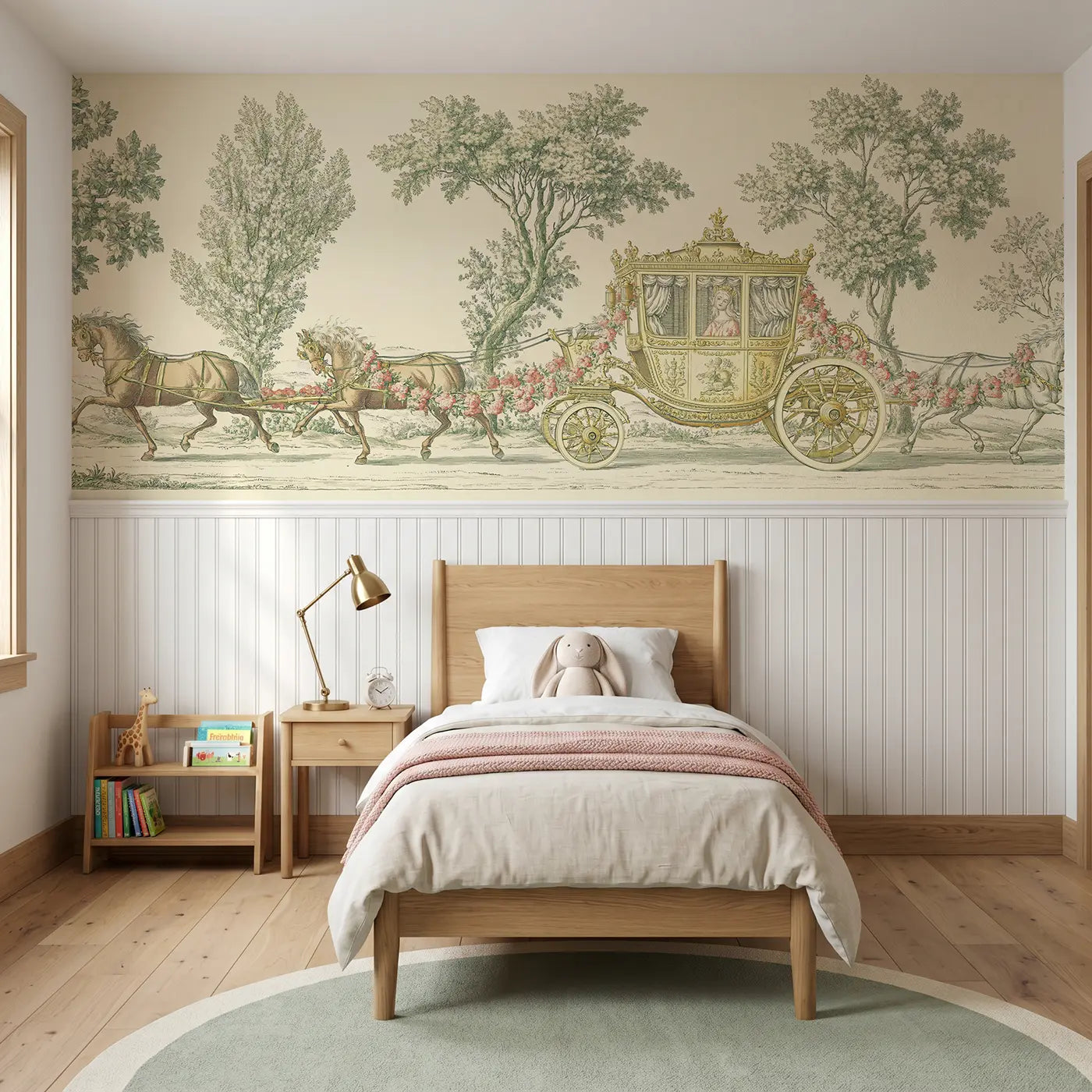 Botanical Elegance princess carriage toile scene wainscoting wallpaper for bedroom by Whimsy Tots
