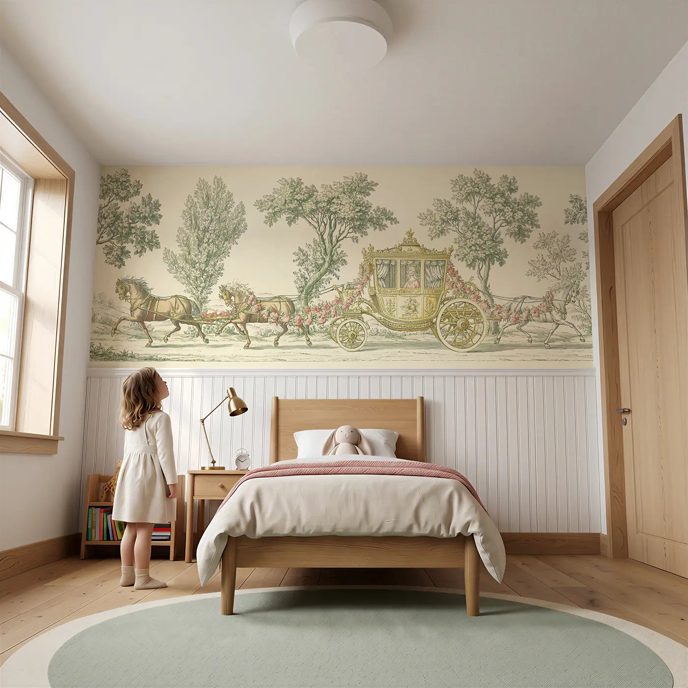 Child reading near Princess Carriage Toile Scene Wainscoting Wallpaper by Whimsy Tots