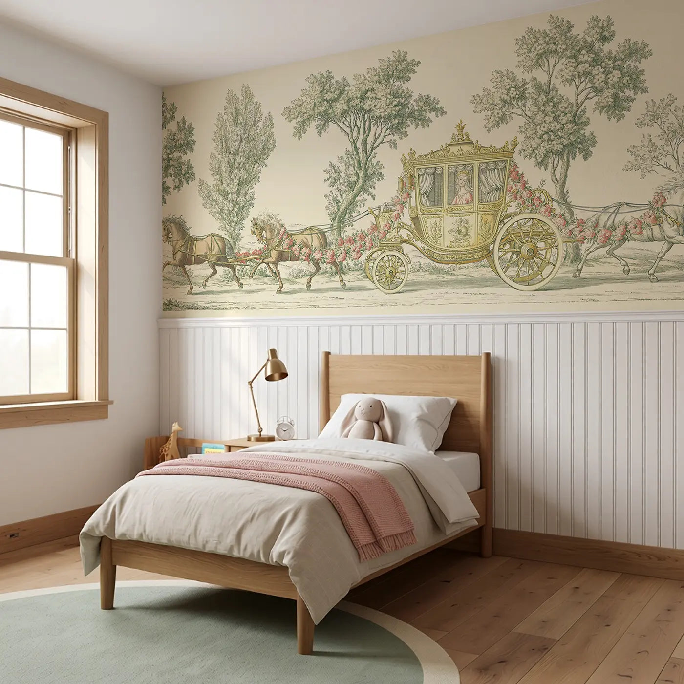 Princess Carriage Toile Scene Wainscoting Wallpaper styled in a kids bedroom by Whimsy Tots