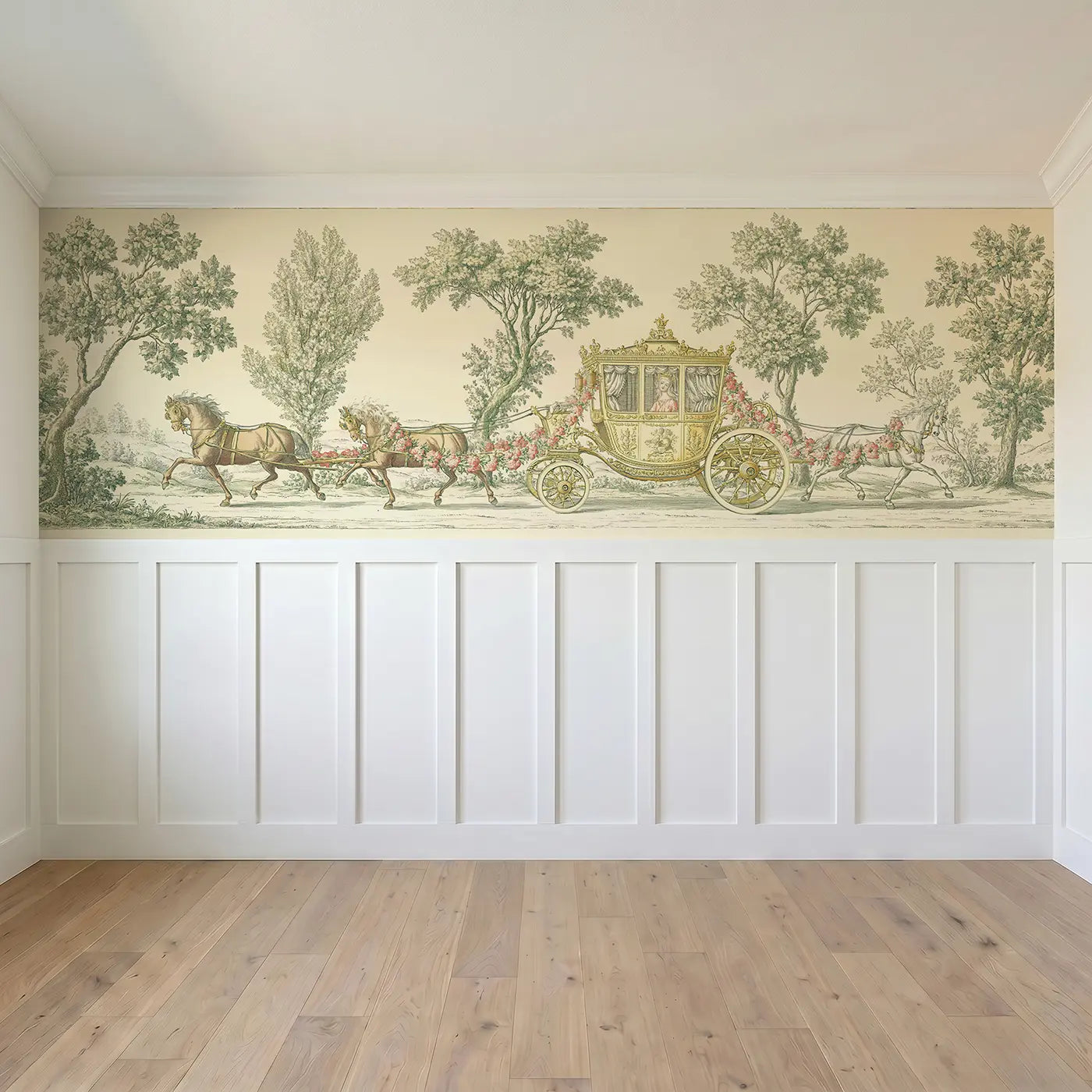 Full panel view of Princess Carriage Toile Scene Wainscoting Wallpaper by Whimsy Tots