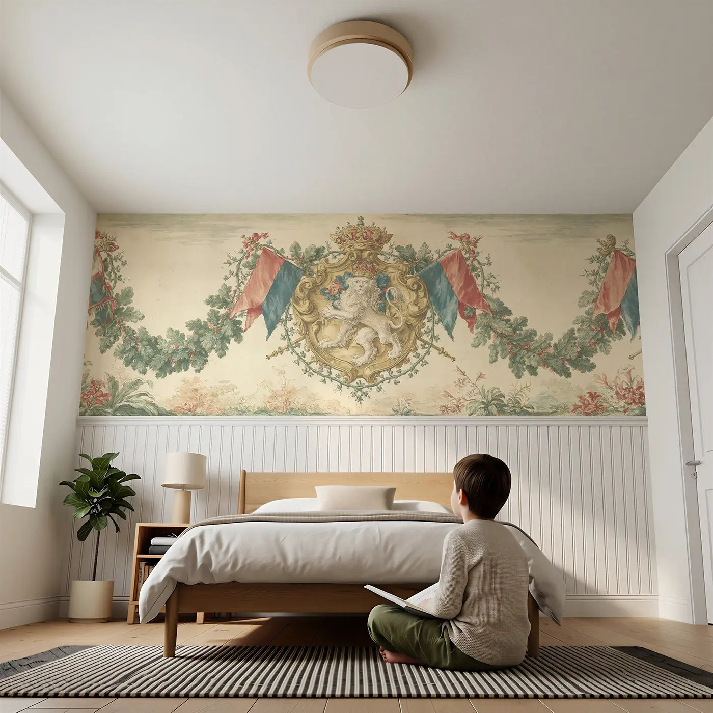Child reading near Knight Shield Heraldic Toile Wainscoting Wallpaper by Whimsy Tots