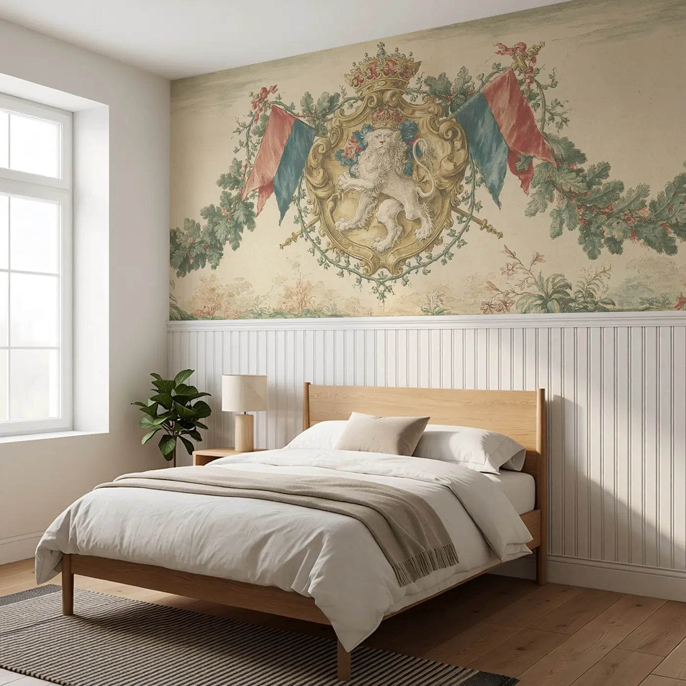 Knight Shield Heraldic Toile Wainscoting Wallpaper styled in a kids bedroom by Whimsy Tots
