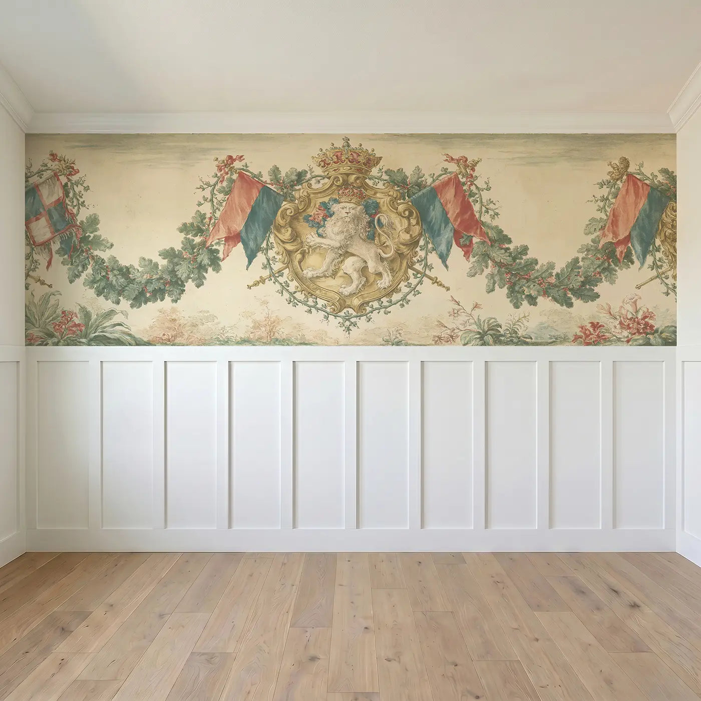 Full panel view of Knight Shield Heraldic Toile Wainscoting Wallpaper by Whimsy Tots
