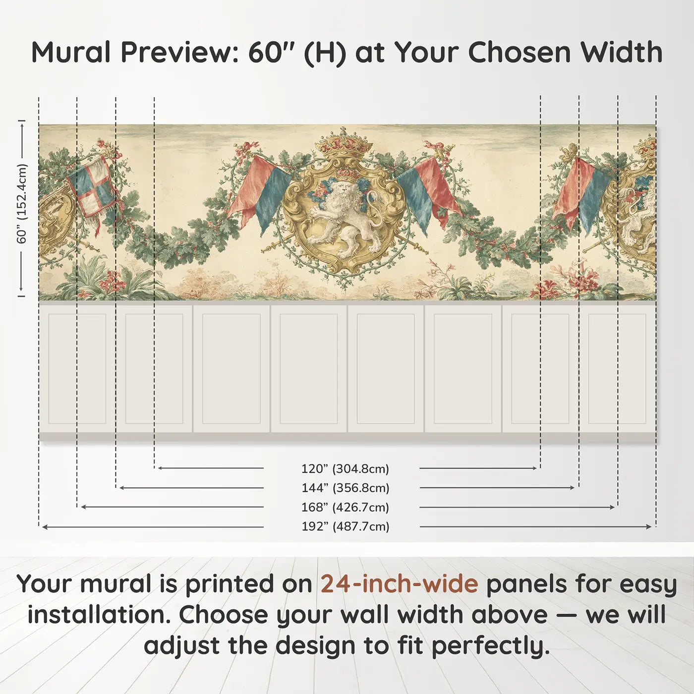Panel dimensions for Knight Shield Heraldic Toile Wainscoting Wallpaper by Whimsy Tots