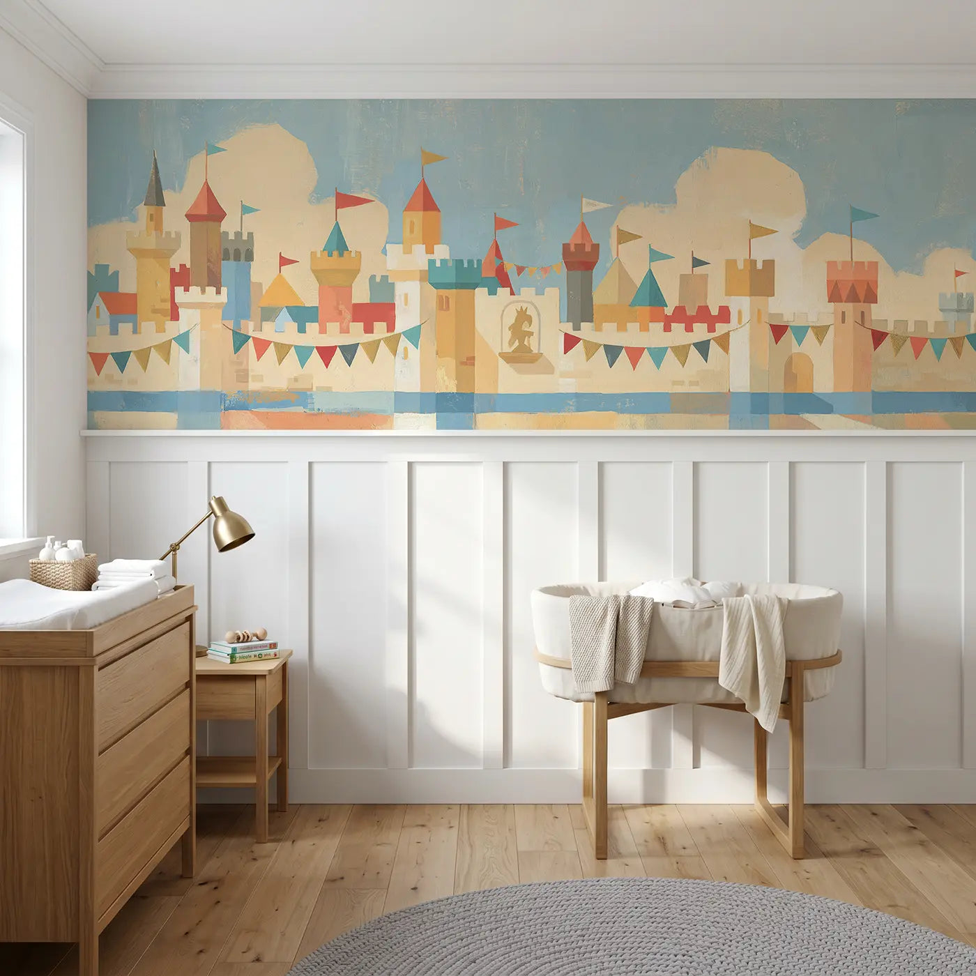 Modern Illustration graphic castle tower flags wainscoting wallpaper for nursery by Whimsy Tots