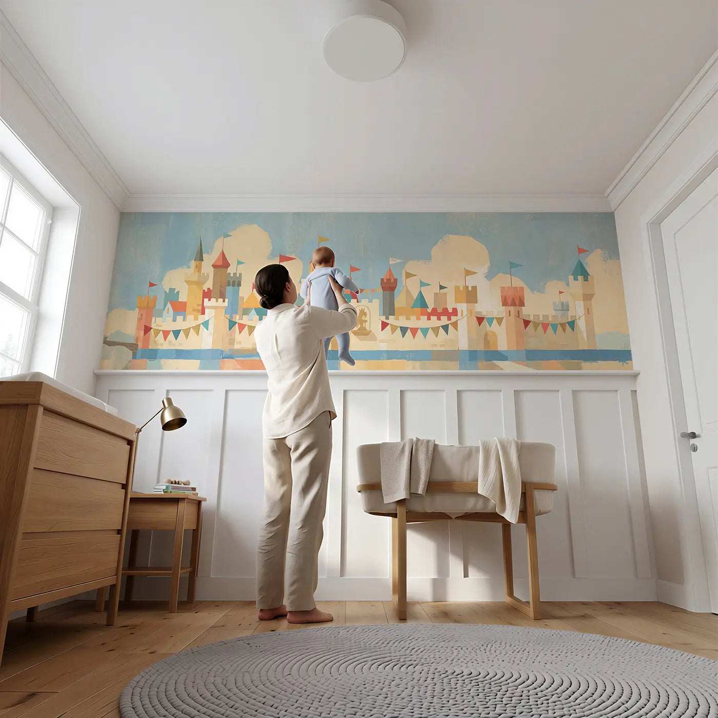 Child reading near Graphic Castle Tower Flags Wainscoting Wallpaper by Whimsy Tots