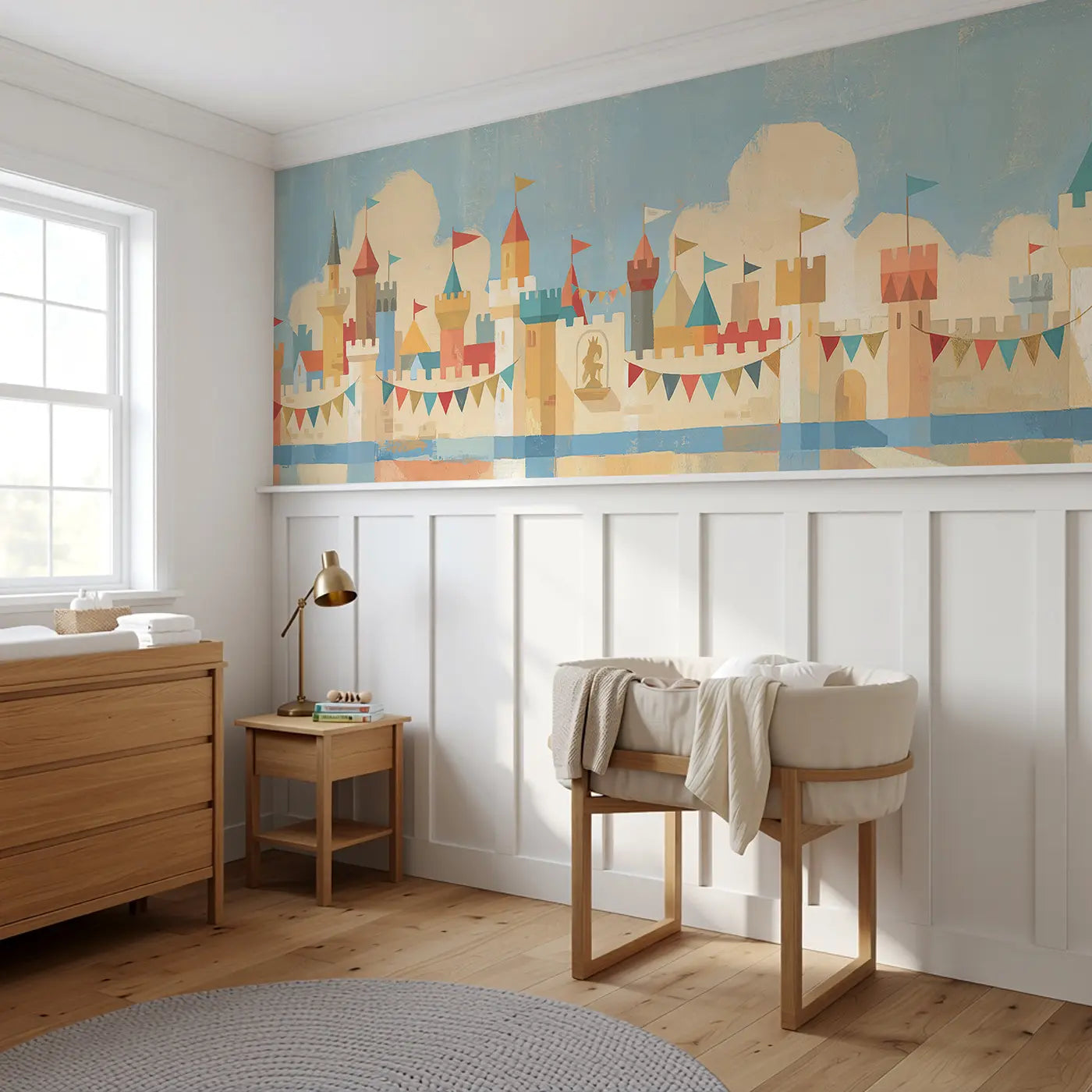 Graphic Castle Tower Flags Wainscoting Wallpaper styled in a kids bedroom by Whimsy Tots
