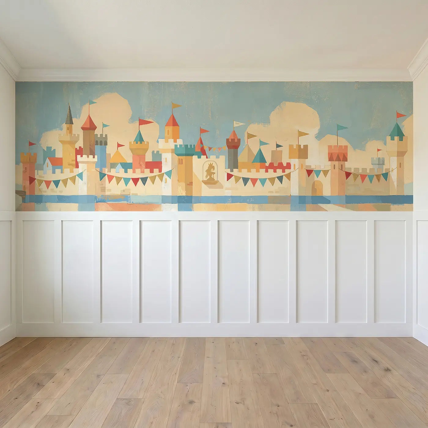 Full panel view of Graphic Castle Tower Flags Wainscoting Wallpaper by Whimsy Tots
