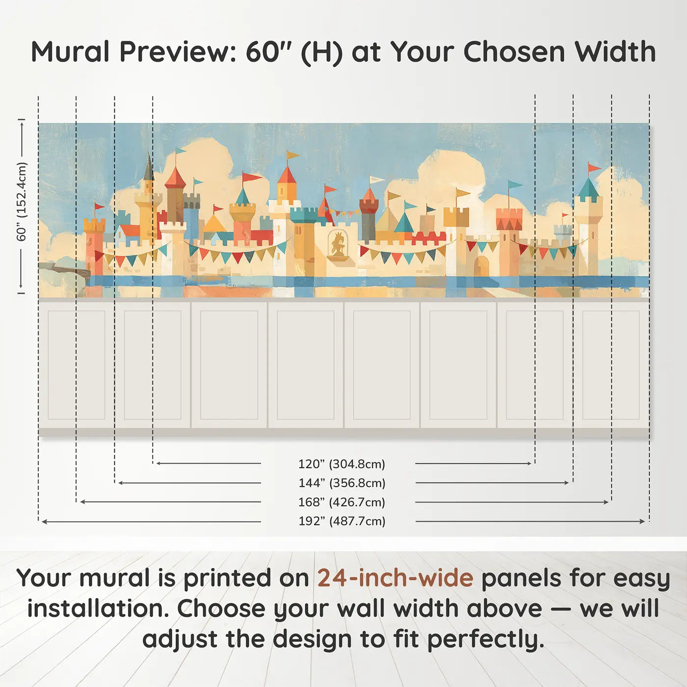 Panel dimensions for Graphic Castle Tower Flags Wainscoting Wallpaper by Whimsy Tots
