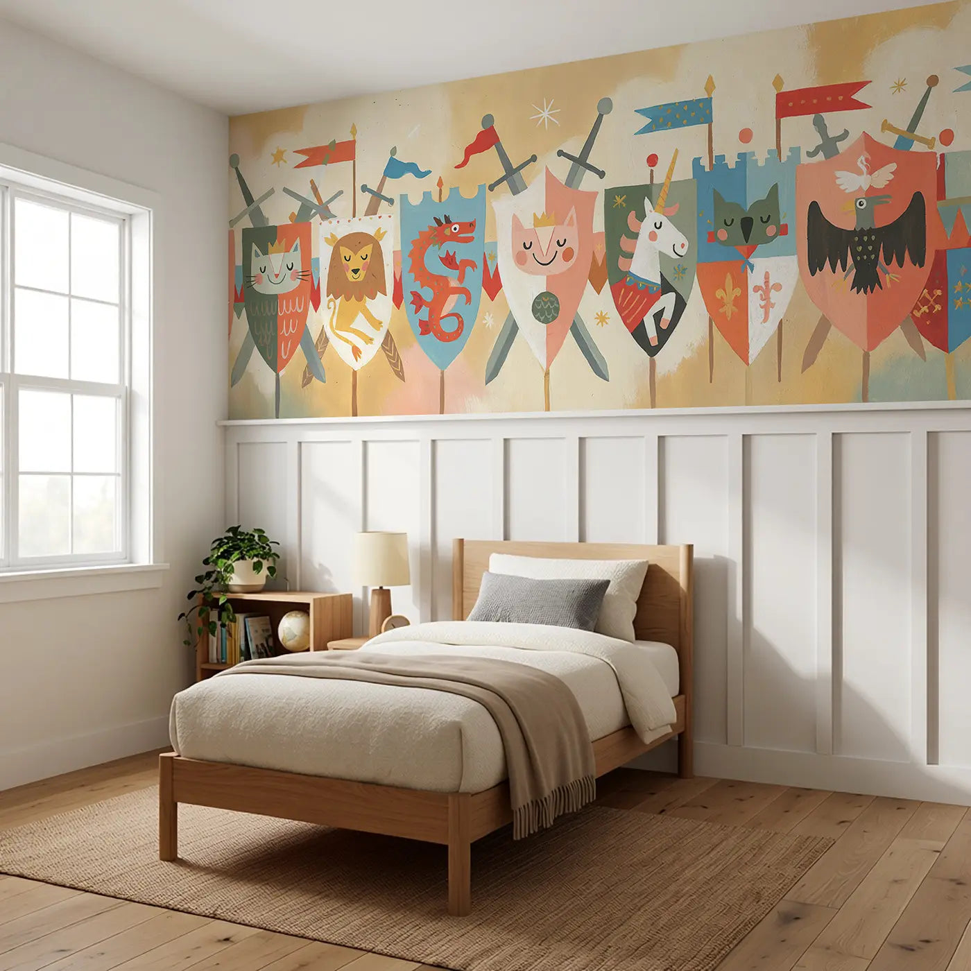 Flat Knight Shield Parade Wainscoting Wallpaper styled in a kids bedroom by Whimsy Tots