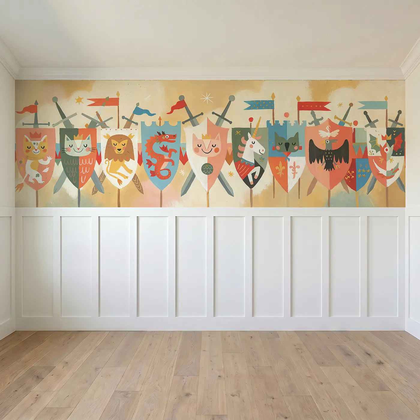 Full panel view of Flat Knight Shield Parade Wainscoting Wallpaper by Whimsy Tots