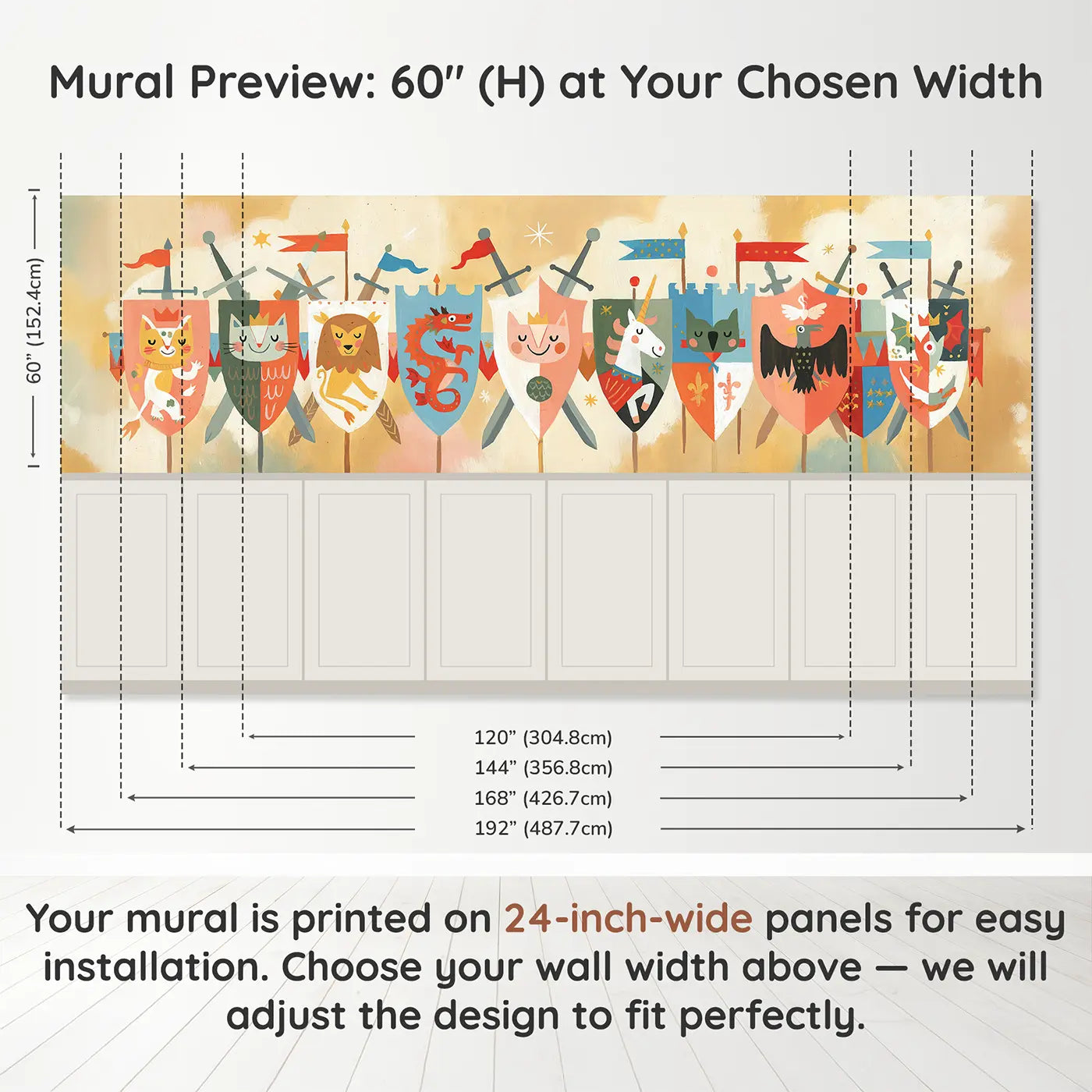 Panel dimensions for Flat Knight Shield Parade Wainscoting Wallpaper by Whimsy Tots