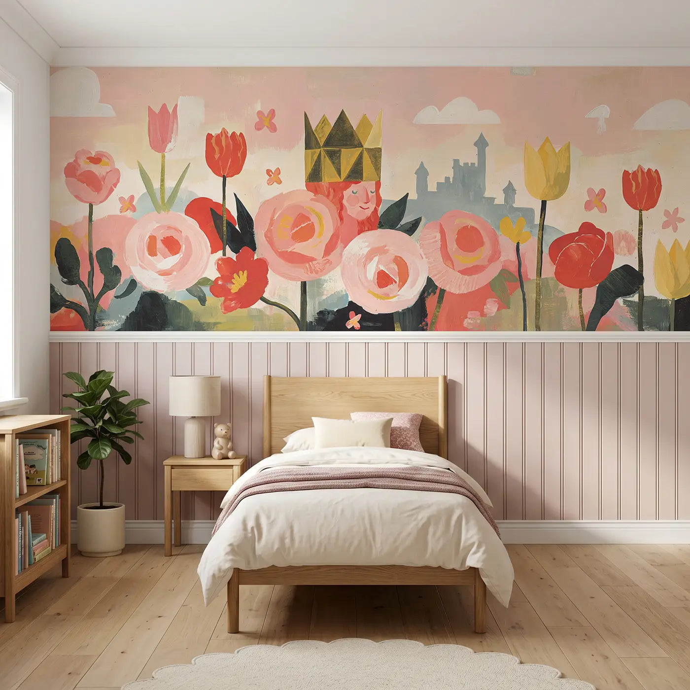 Modern Illustration bold princess crown garden wainscoting wallpaper for nursery by Whimsy Tots