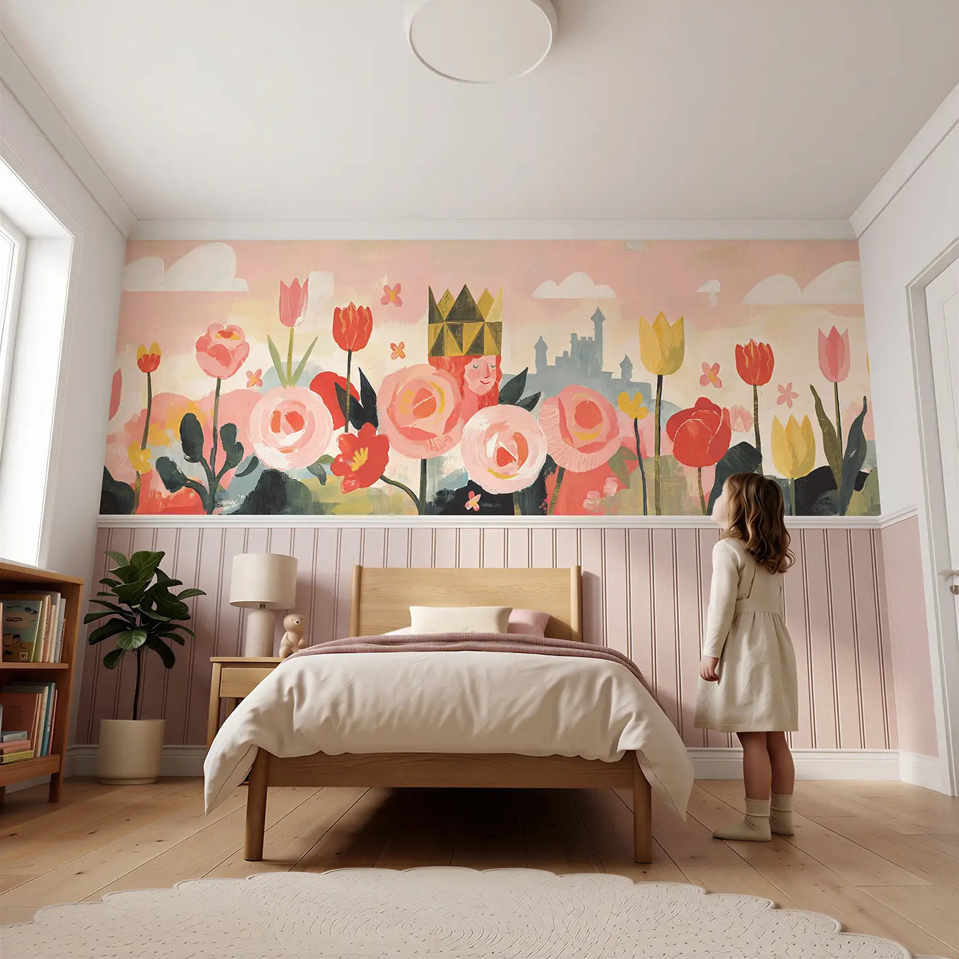 Child reading near Bold Princess Crown Garden Wainscoting Wallpaper by Whimsy Tots