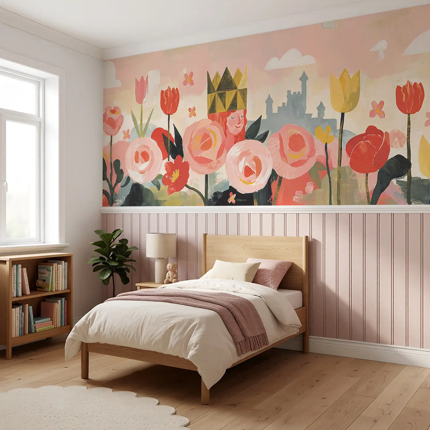 Bold Princess Crown Garden Wainscoting Wallpaper styled in a kids bedroom by Whimsy Tots