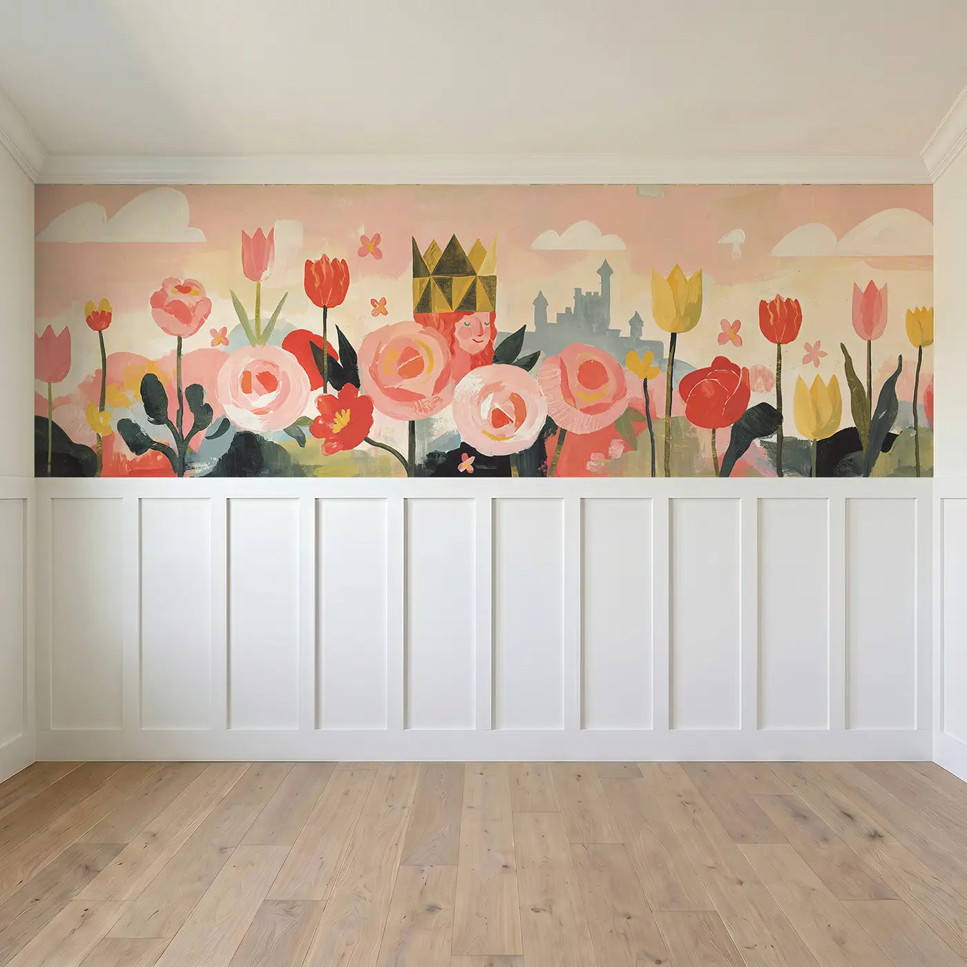 Full panel view of Bold Princess Crown Garden Wainscoting Wallpaper by Whimsy Tots