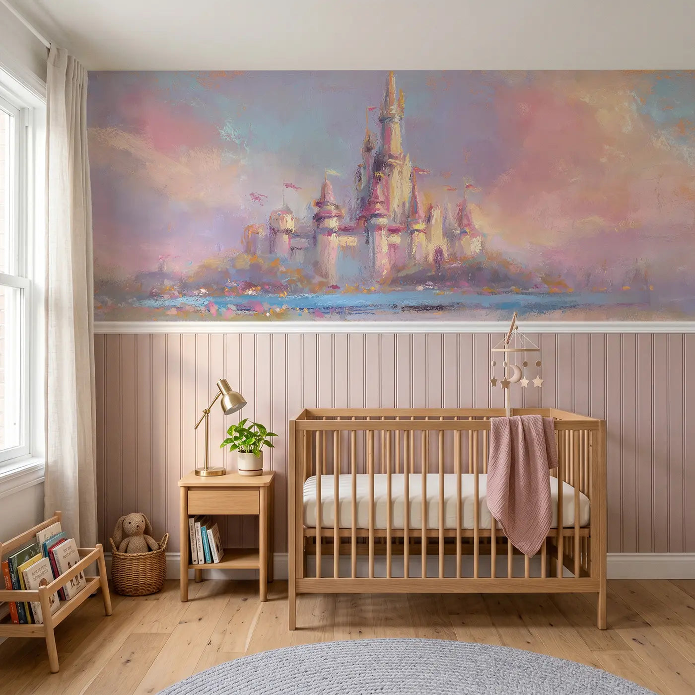 Soft Pastel chalk castle dream wainscoting wallpaper for nursery by Whimsy Tots