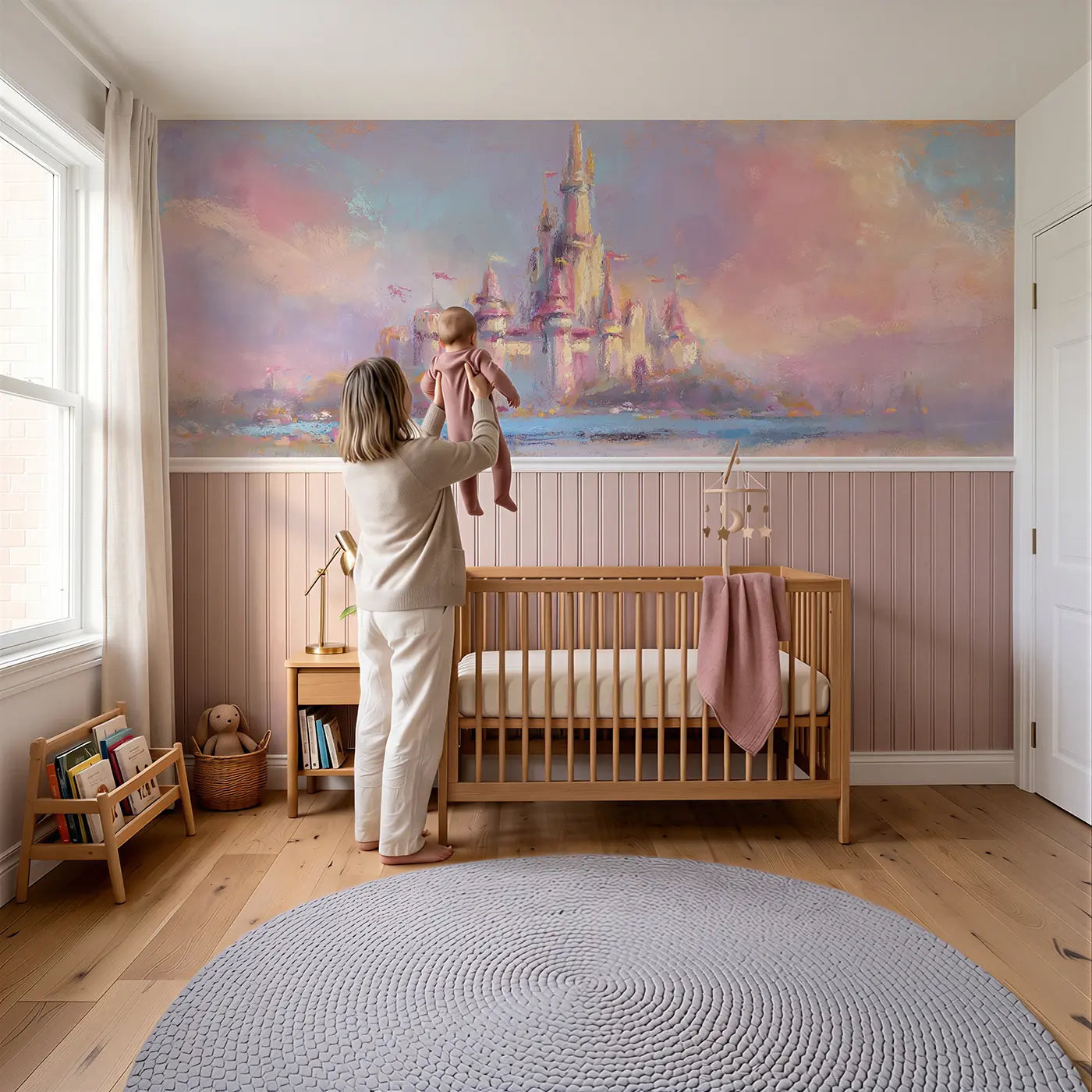 Child reading near Chalk Castle Dream Soft Wainscoting Wallpaper by Whimsy Tots