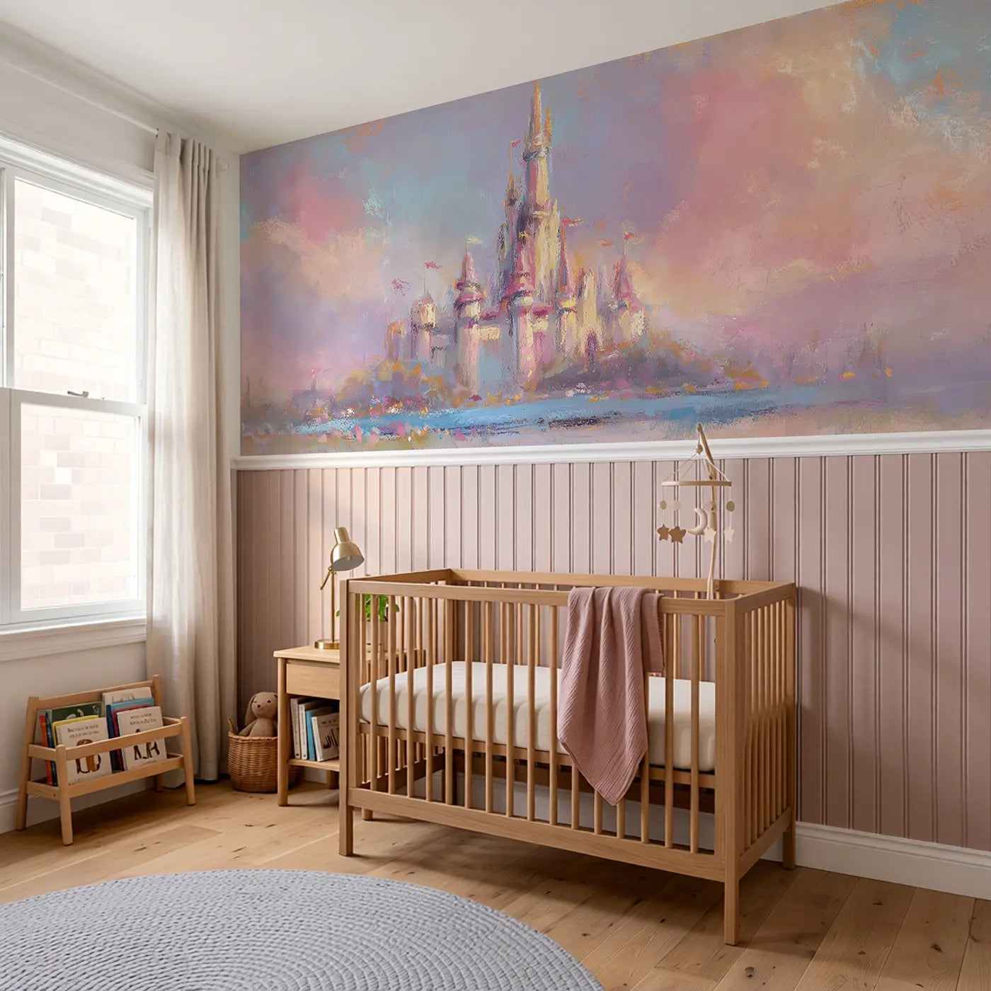 Chalk Castle Dream Soft Wainscoting Wallpaper styled in a kids bedroom by Whimsy Tots