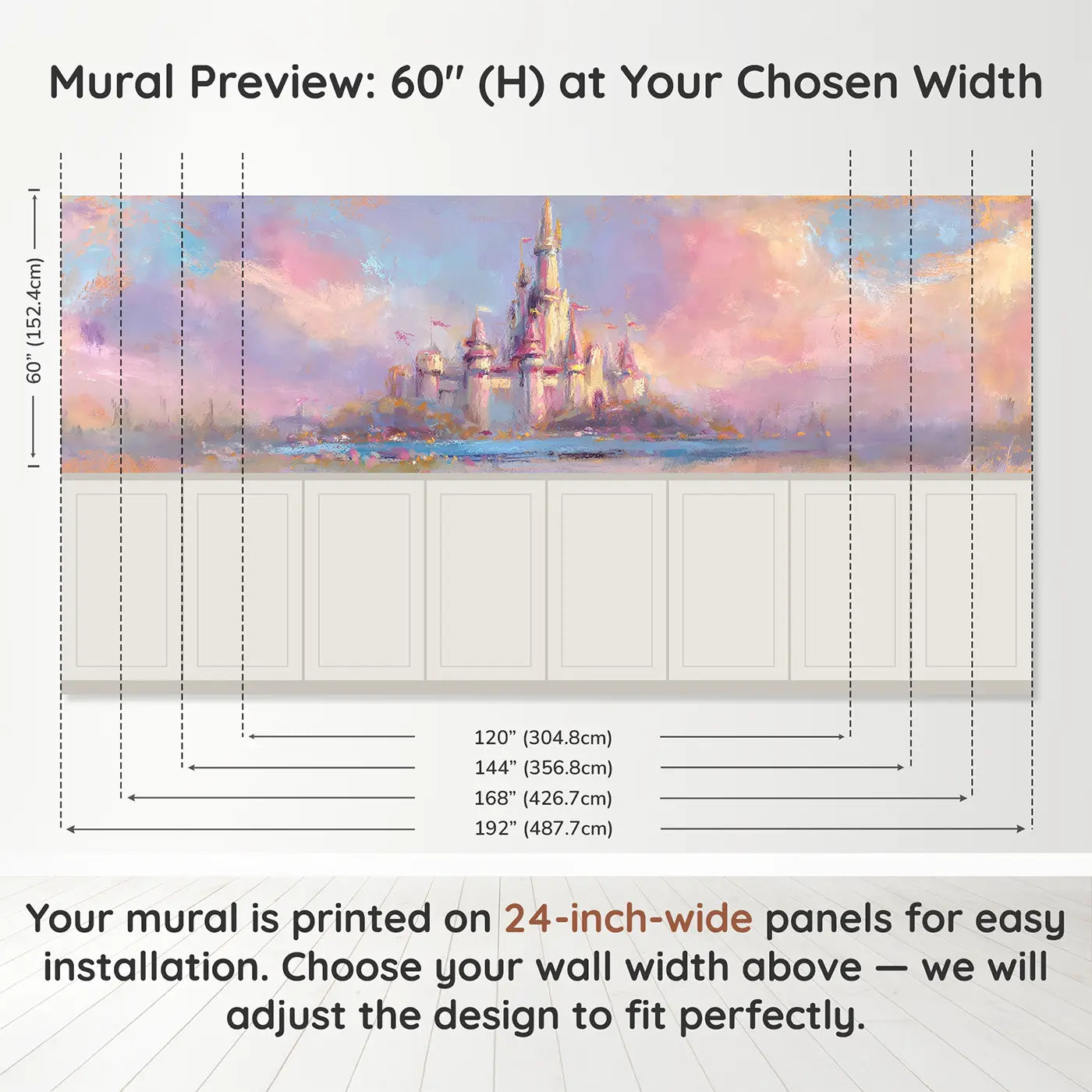 Panel dimensions for Chalk Castle Dream Soft Wainscoting Wallpaper by Whimsy Tots