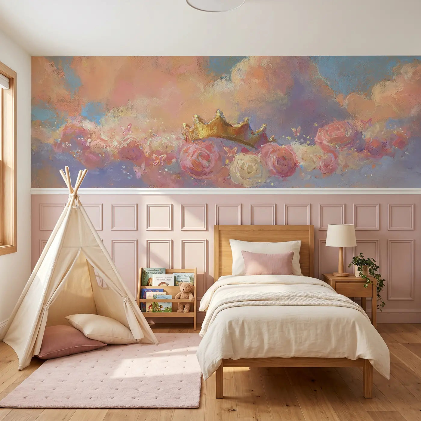 Soft Pastel princess garden crown wainscoting wallpaper for nursery by Whimsy Tots