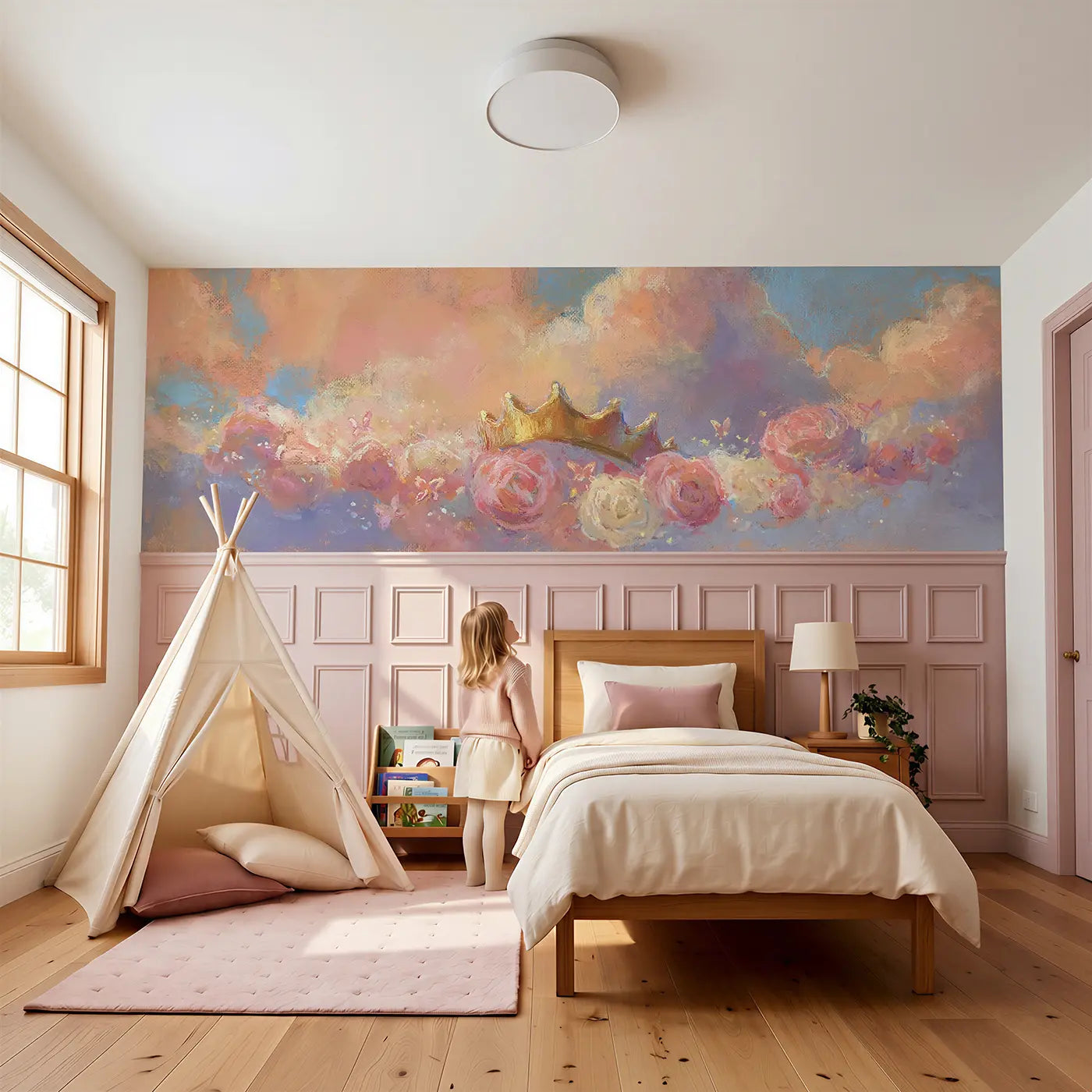 Child reading near Pastel Princess Garden Crown Wainscoting Wallpaper by Whimsy Tots