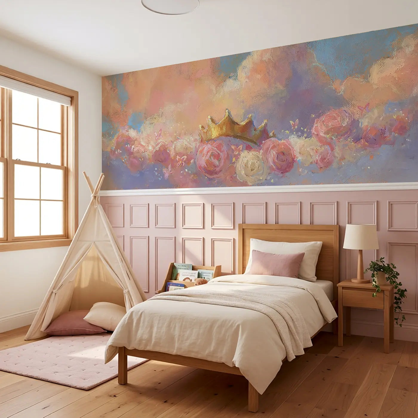 Pastel Princess Garden Crown Wainscoting Wallpaper styled in a kids bedroom by Whimsy Tots