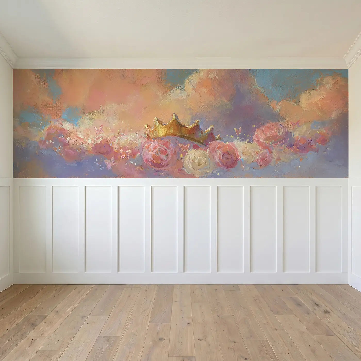 Full panel view of Pastel Princess Garden Crown Wainscoting Wallpaper by Whimsy Tots