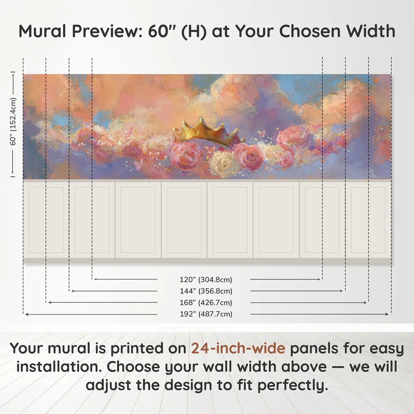Panel dimensions for Pastel Princess Garden Crown Wainscoting Wallpaper by Whimsy Tots