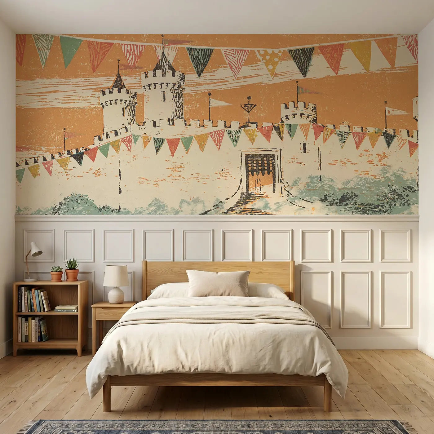 Block Print carved castle tower band wainscoting wallpaper for bedroom by Whimsy Tots