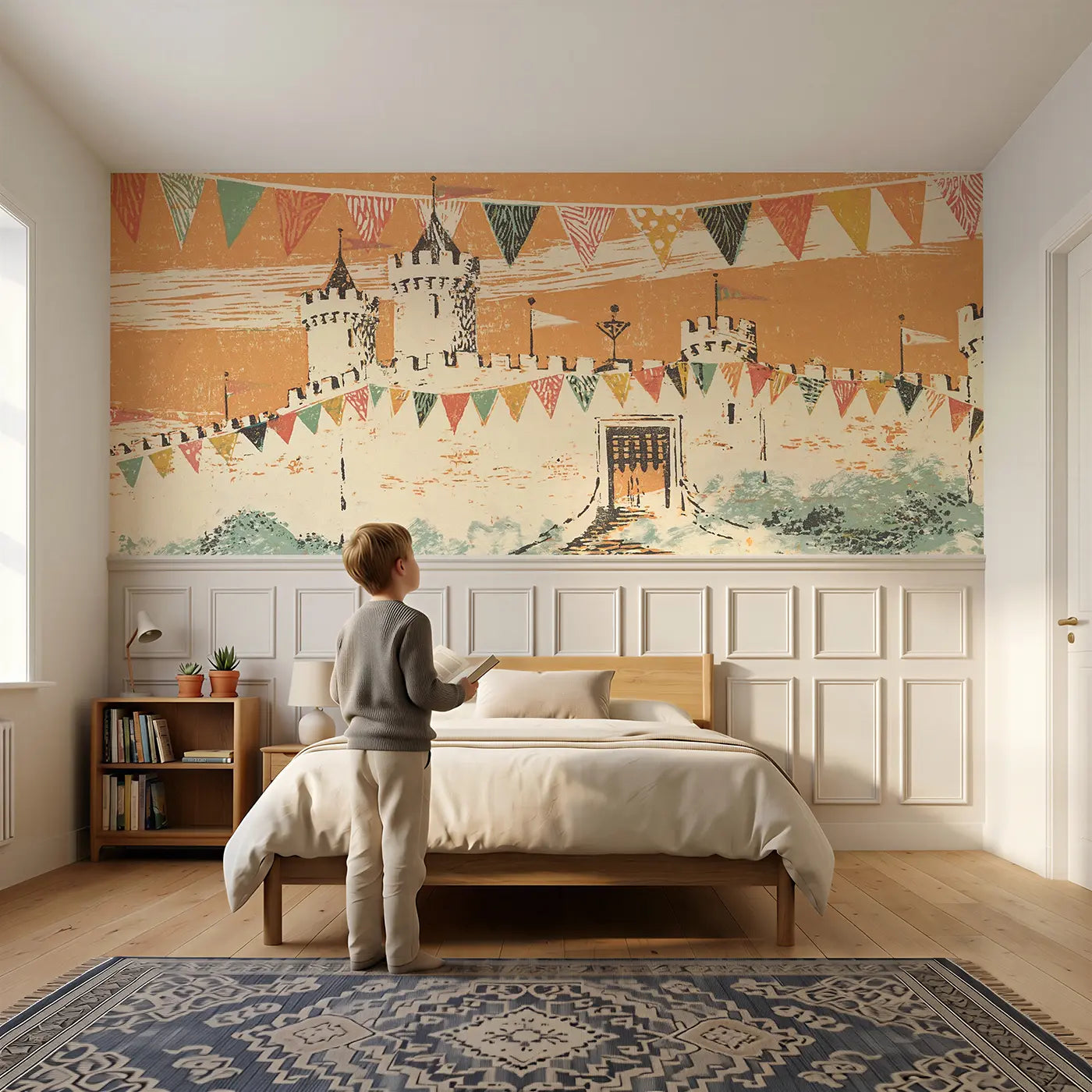 Child reading near Carved Castle Tower Band Wainscoting Wallpaper by Whimsy Tots