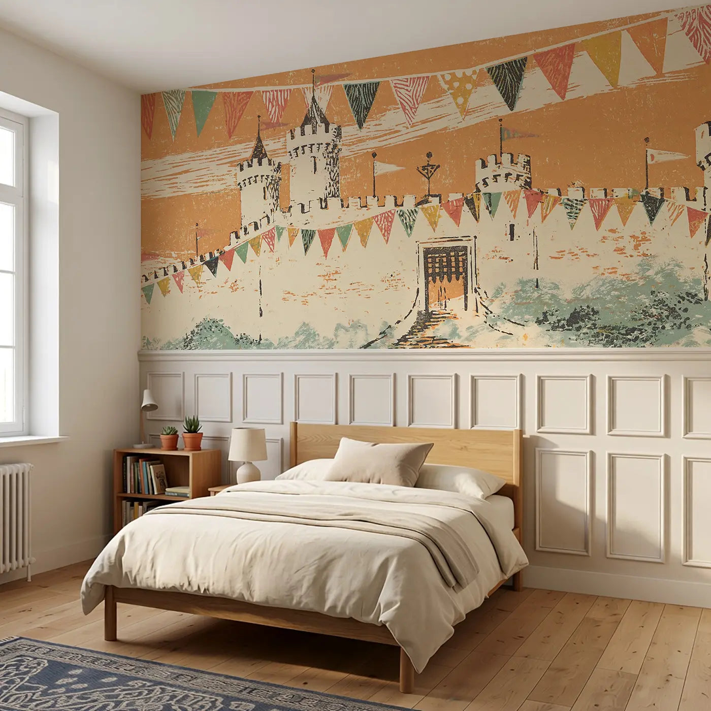 Carved Castle Tower Band Wainscoting Wallpaper styled in a kids bedroom by Whimsy Tots