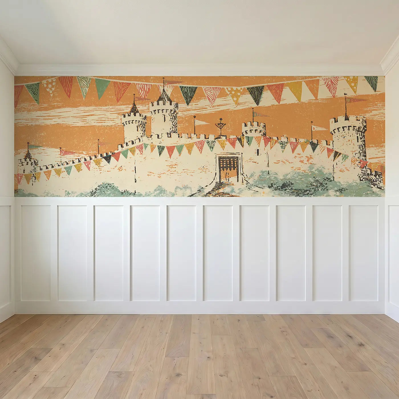 Full panel view of Carved Castle Tower Band Wainscoting Wallpaper by Whimsy Tots