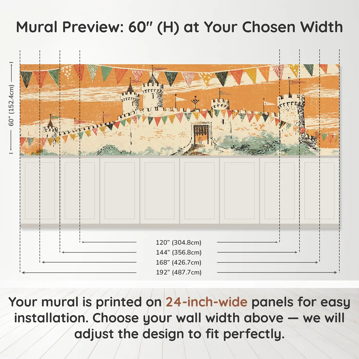 Panel dimensions for Carved Castle Tower Band Wainscoting Wallpaper by Whimsy Tots