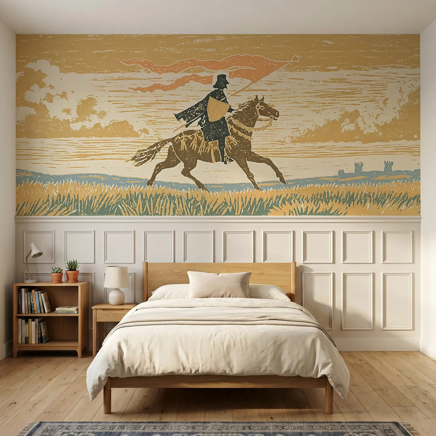 Block Print knight horse ride wainscoting wallpaper for bedroom by Whimsy Tots