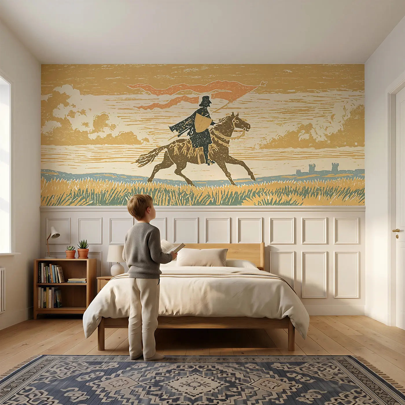 Child reading near Block Print Knight Horse Ride Wainscoting Wallpaper by Whimsy Tots