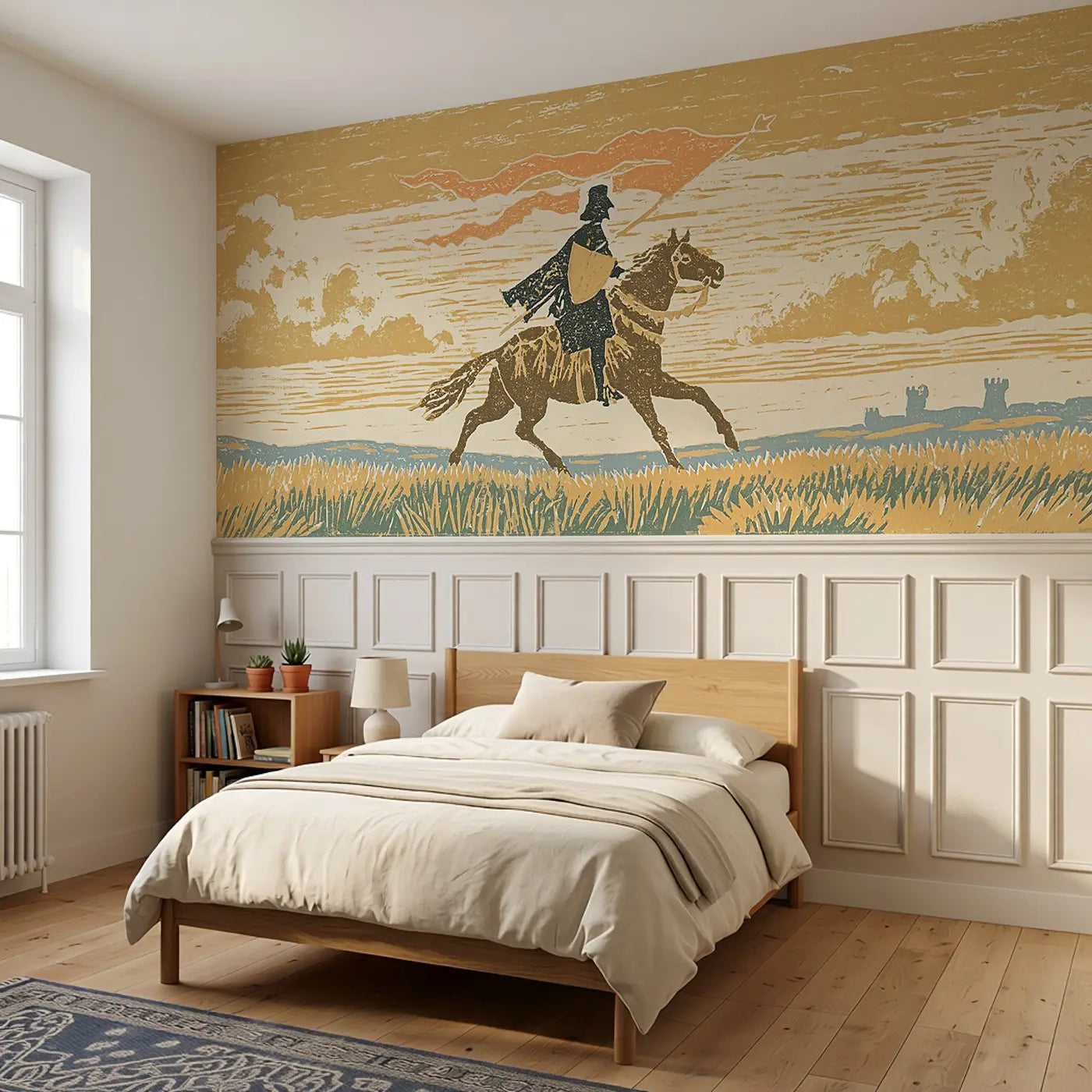 Block Print Knight Horse Ride Wainscoting Wallpaper styled in a kids bedroom by Whimsy Tots