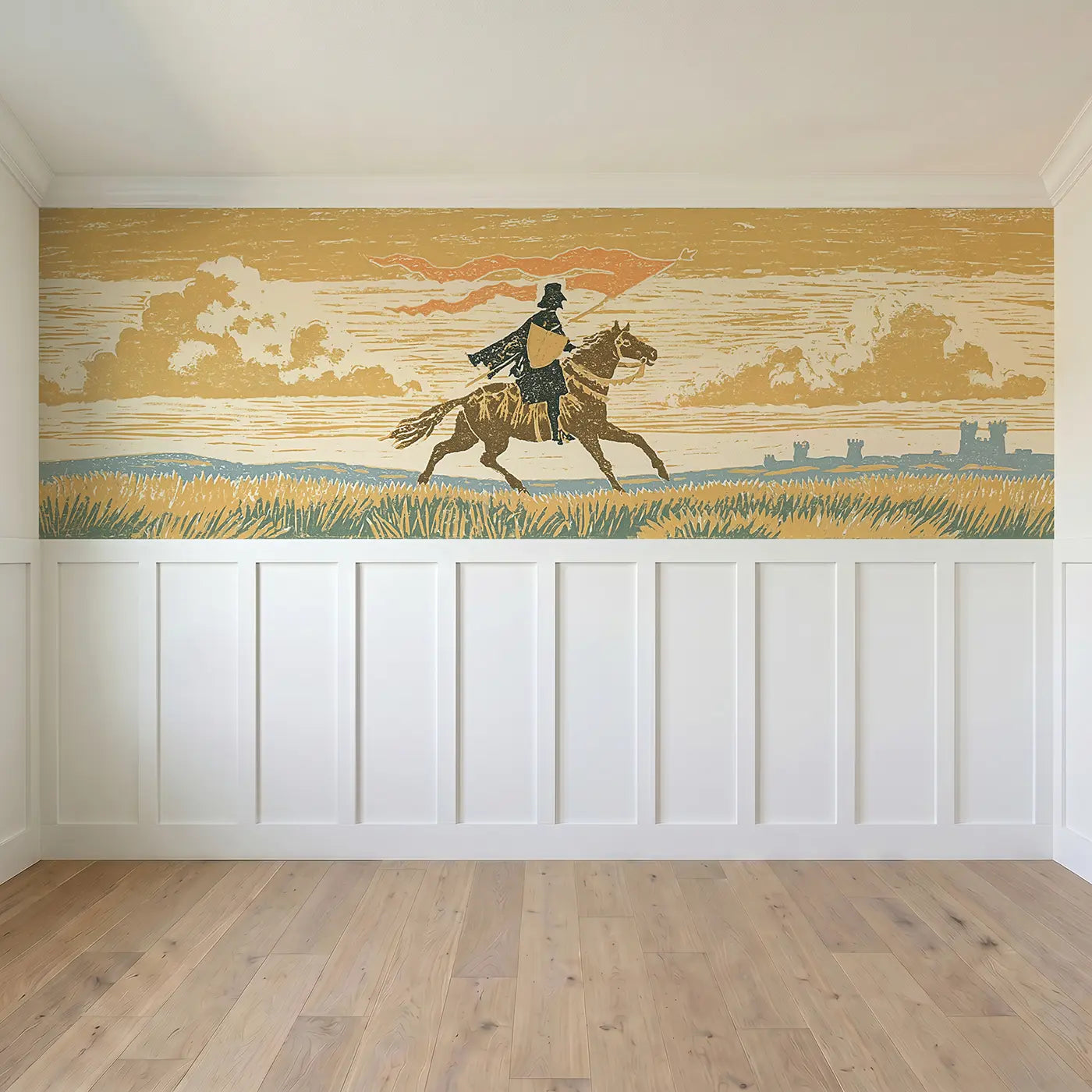 Full panel view of Block Print Knight Horse Ride Wainscoting Wallpaper by Whimsy Tots