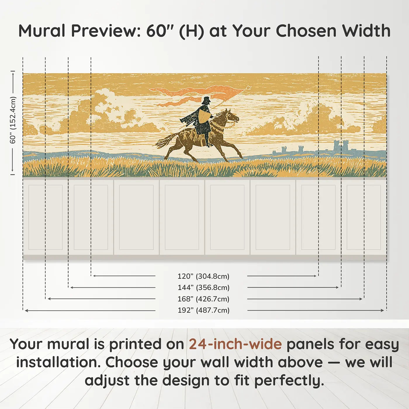 Panel dimensions for Block Print Knight Horse Ride Wainscoting Wallpaper by Whimsy Tots