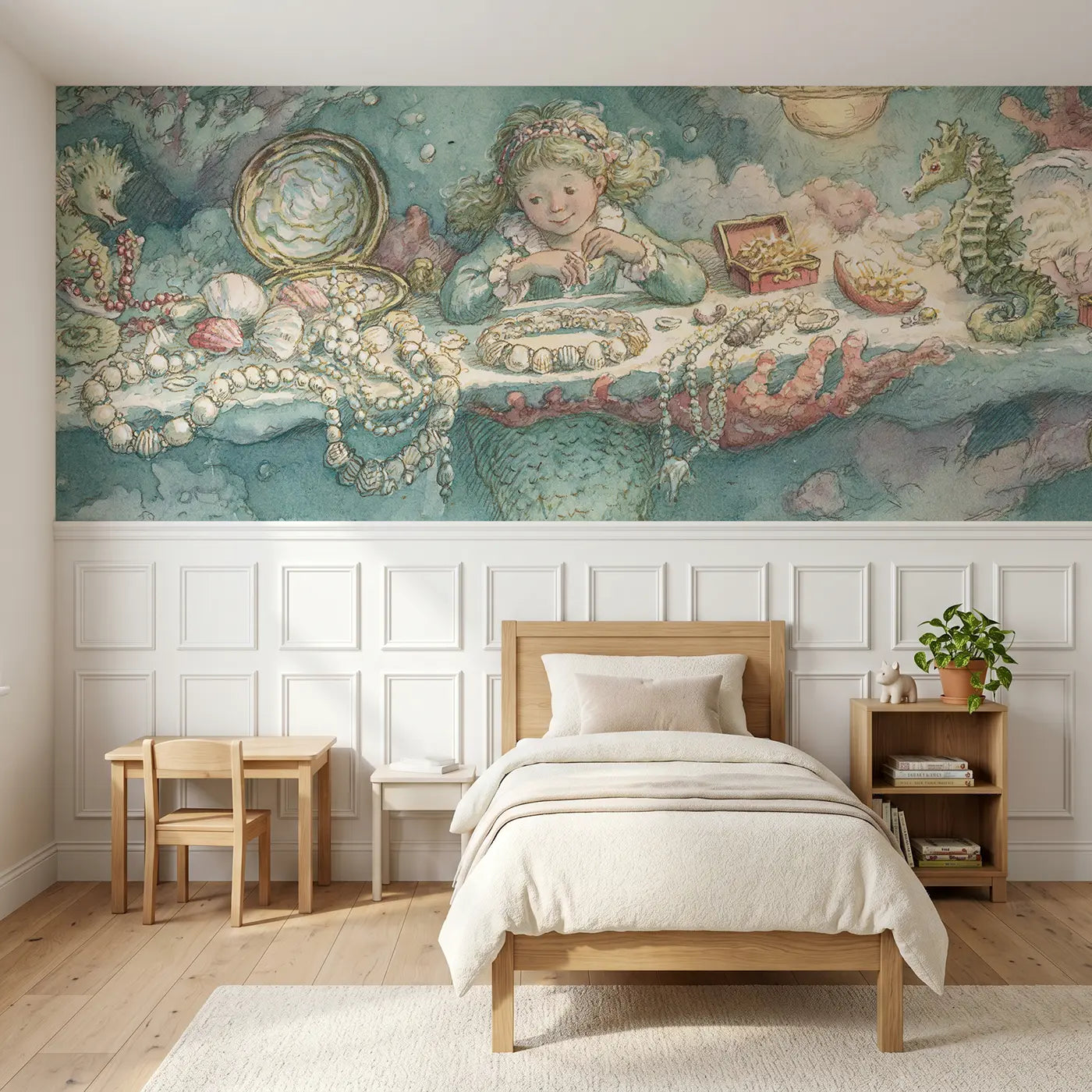 Storybook mermaid shell bracelet craft wainscoting wallpaper for bedroom by Whimsy Tots