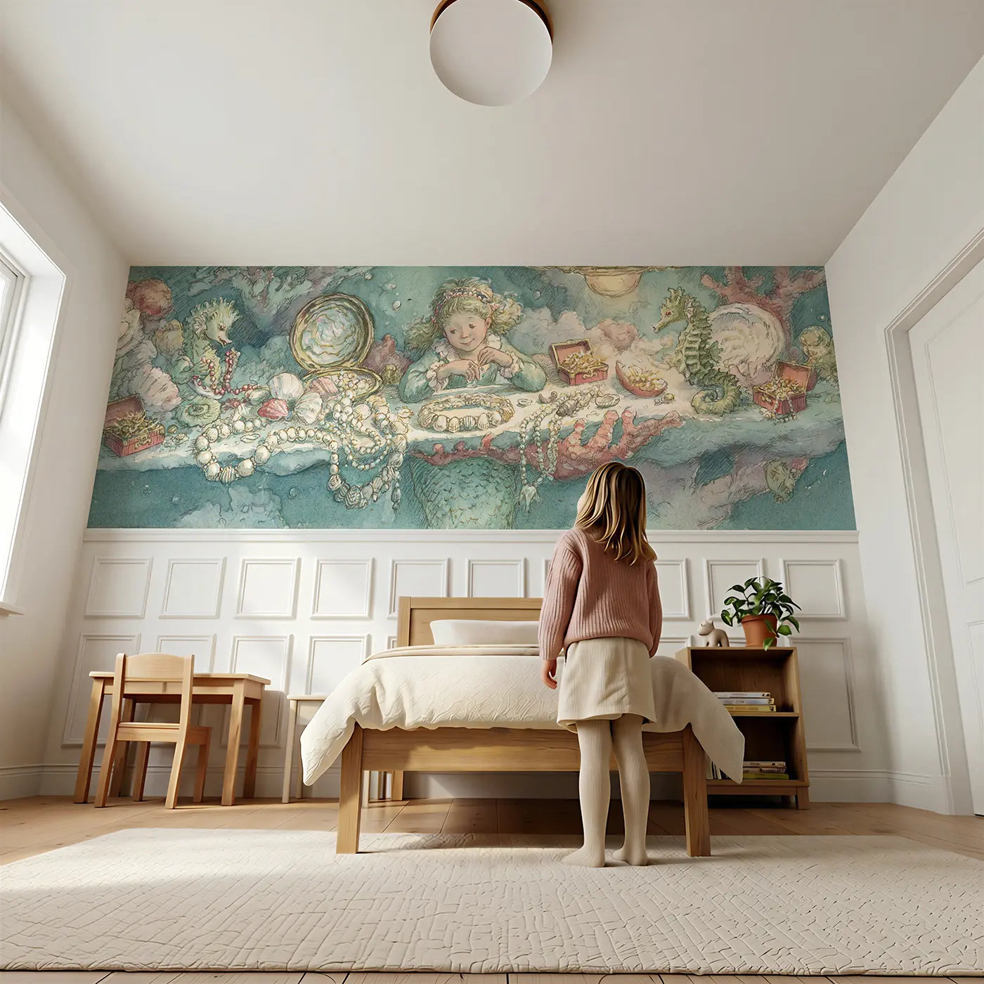 Child reading near Mermaid Shell Bracelet Craft Wainscoting Wallpaper by Whimsy Tots