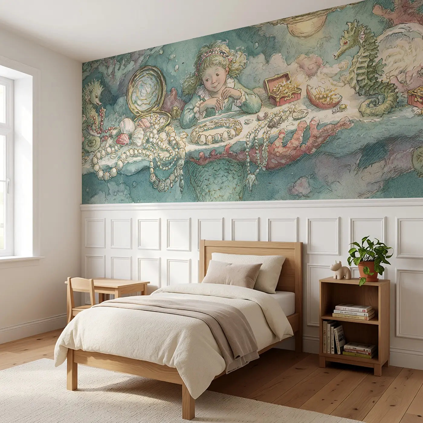 Mermaid Shell Bracelet Craft Wainscoting Wallpaper styled in a kids bedroom by Whimsy Tots