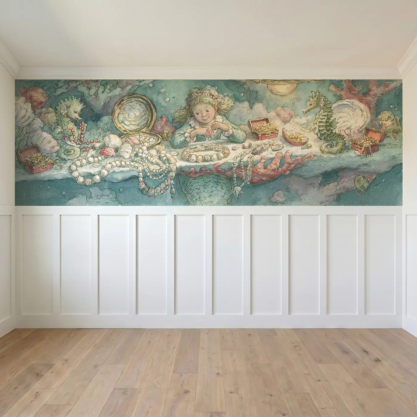 Full panel view of Mermaid Shell Bracelet Craft Wainscoting Wallpaper by Whimsy Tots