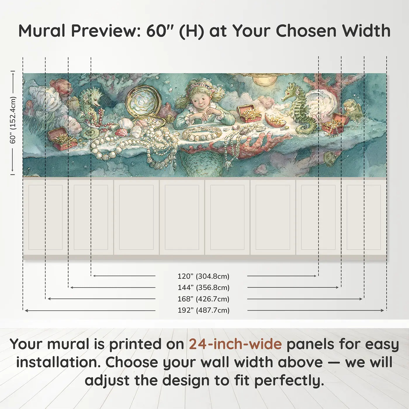 Panel dimensions for Mermaid Shell Bracelet Craft Wainscoting Wallpaper by Whimsy Tots