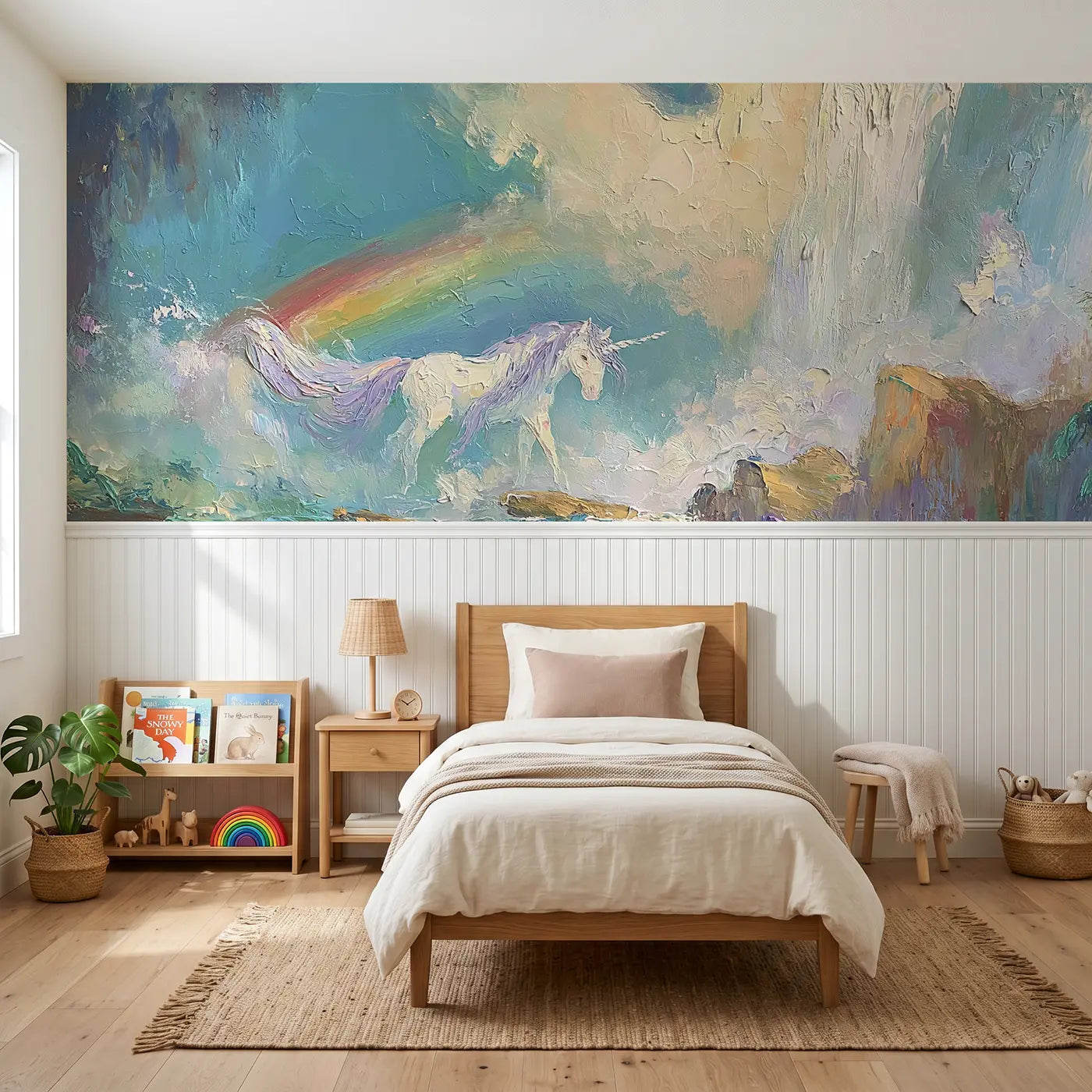 Painted Landscape unicorn waterfall rainbow oil wainscoting wallpaper for nursery by Whimsy Tots