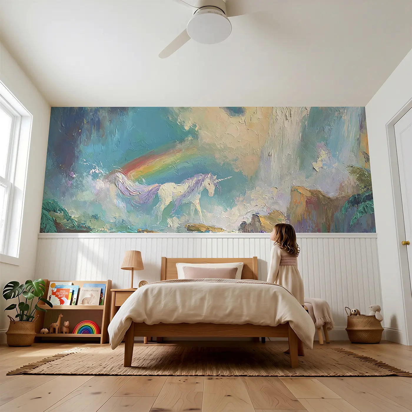 Child reading near Unicorn Waterfall Rainbow Oil Wainscoting Wallpaper by Whimsy Tots