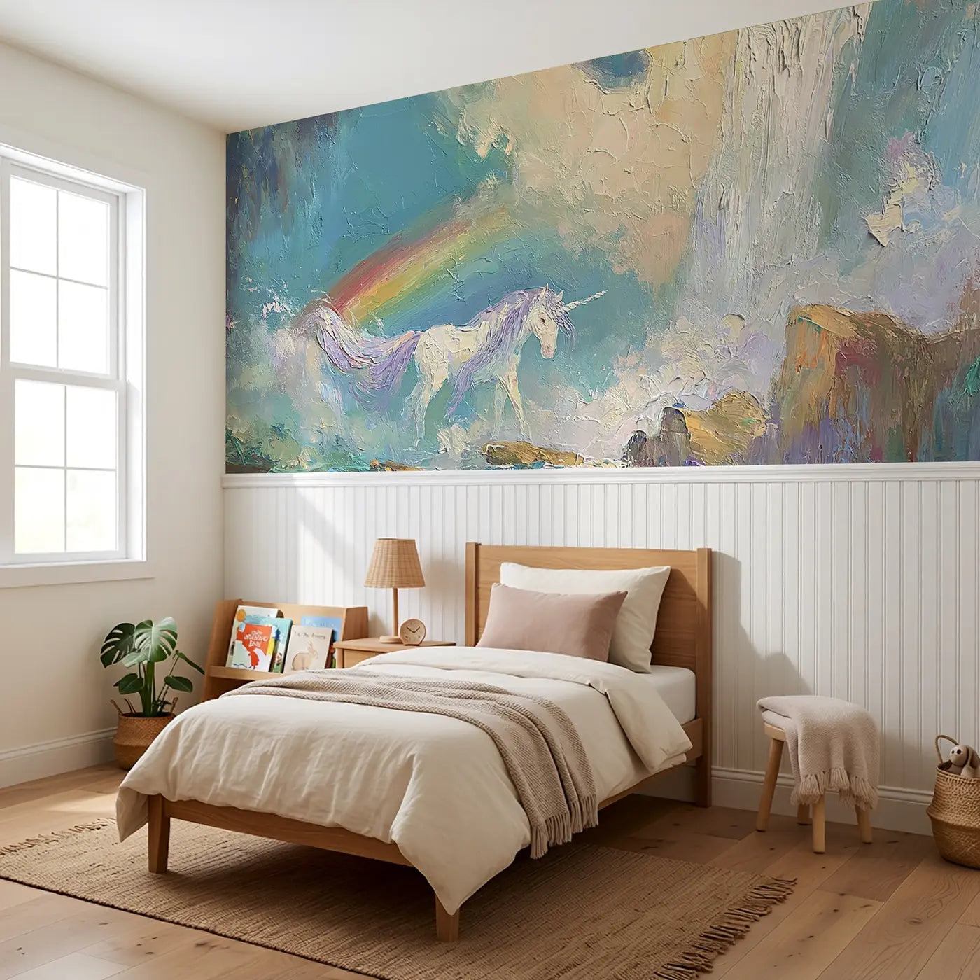 Unicorn Waterfall Rainbow Oil Wainscoting Wallpaper styled in a kids bedroom by Whimsy Tots