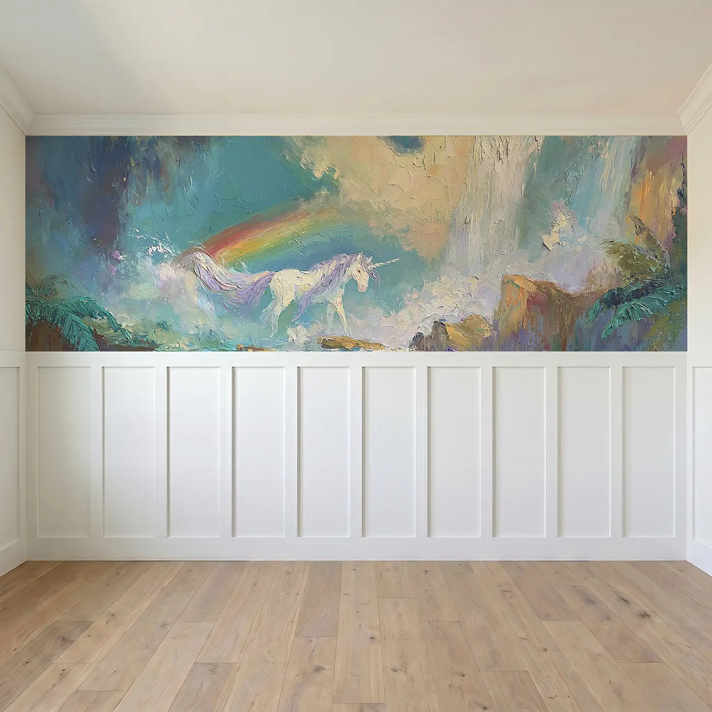 Full panel view of Unicorn Waterfall Rainbow Oil Wainscoting Wallpaper by Whimsy Tots