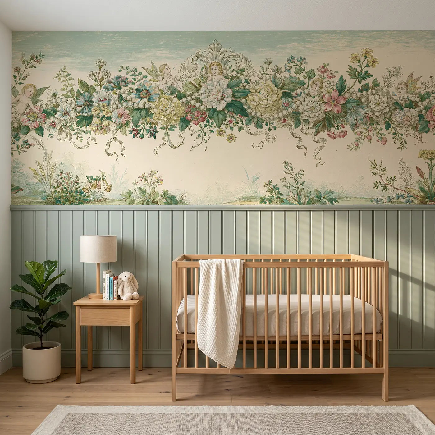 Botanical Elegance fairy crown floral toile wainscoting wallpaper for nursery by Whimsy Tots